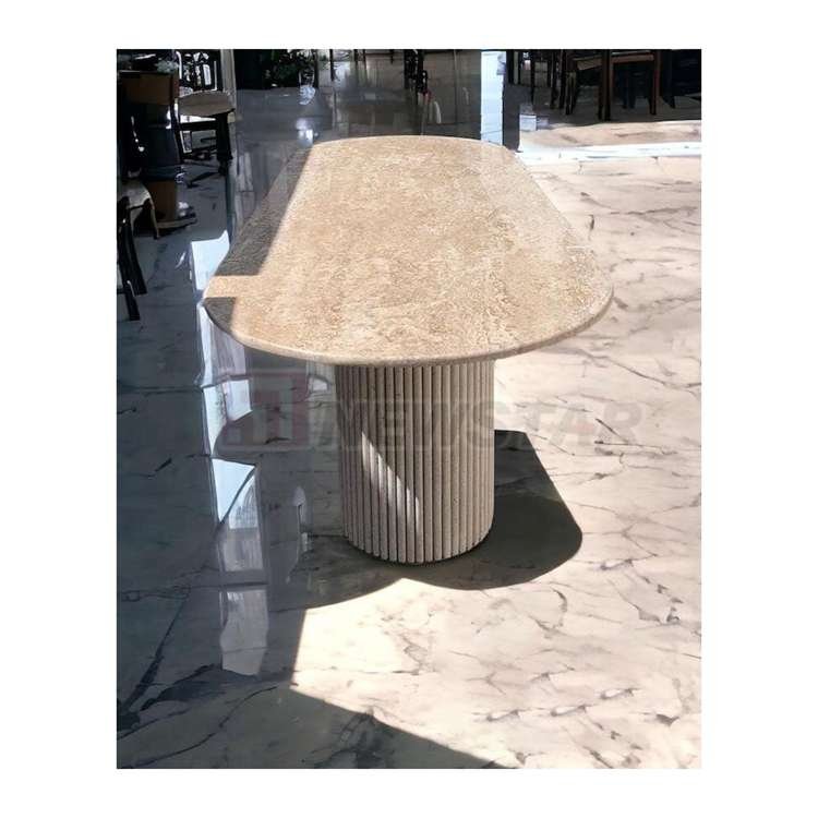 Newstar Customized Beige Travertine Dining Table, Fluted Oval Marble Stone Table, Luxury Design