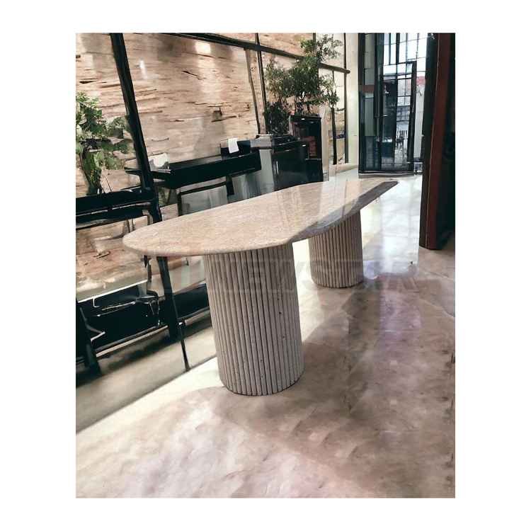 Newstar Customized Beige Travertine Dining Table, Fluted Oval Marble Stone Table, Luxury Design