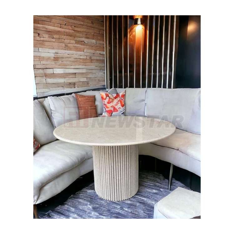 Newstar Customized Beige Travertine Dining Table, Fluted Oval Marble Stone Table, Luxury Design