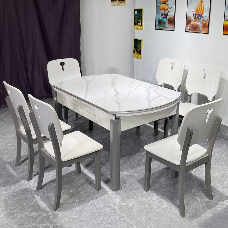 Modern dining room with extended rock slab top dining table round solid wood Restaurant table set 6 seater and chair