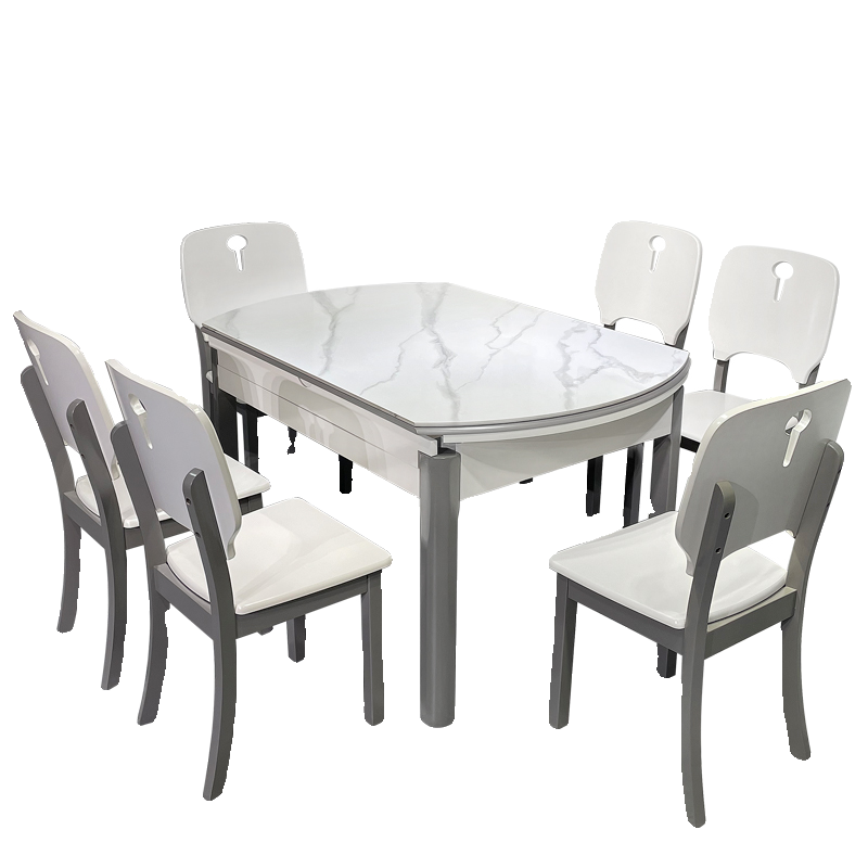 Modern dining room with extended rock slab top dining table round solid wood Restaurant table set 6 seater and chair