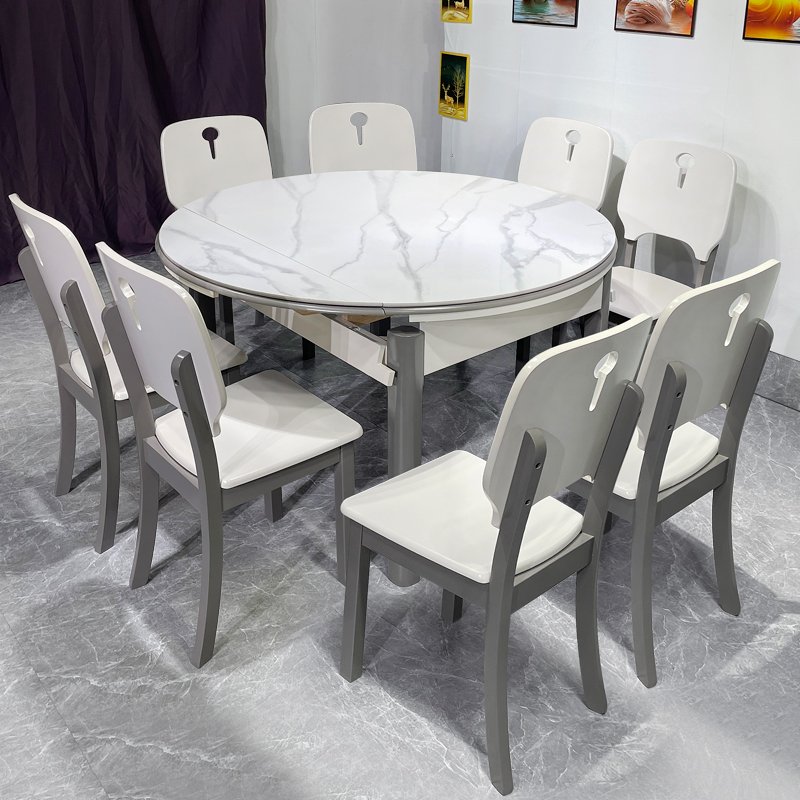 Modern dining room with extended rock slab top dining table round solid wood Restaurant table set 6 seater and chair
