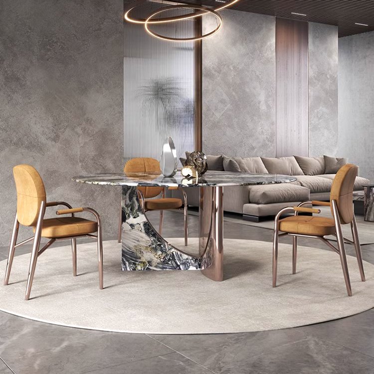 today hot sell product italian living room furniture high gloss pink gold pedestal 6 chairs large round marble dining table set