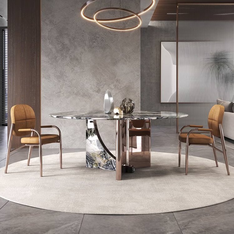 today hot sell product italian living room furniture high gloss pink gold pedestal 6 chairs large round marble dining table set
