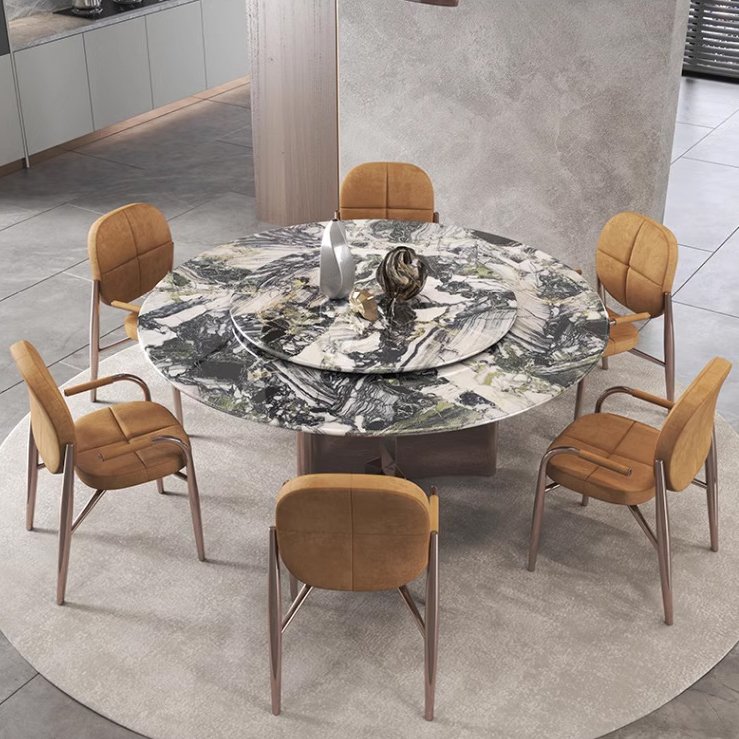 today hot sell product italian living room furniture high gloss pink gold pedestal 6 chairs large round marble dining table set
