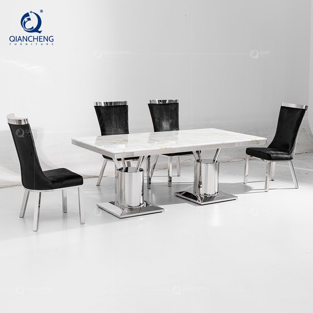 Light luxury marble dining table modern simple home rectangular dining table and chair combination of small stainless steel