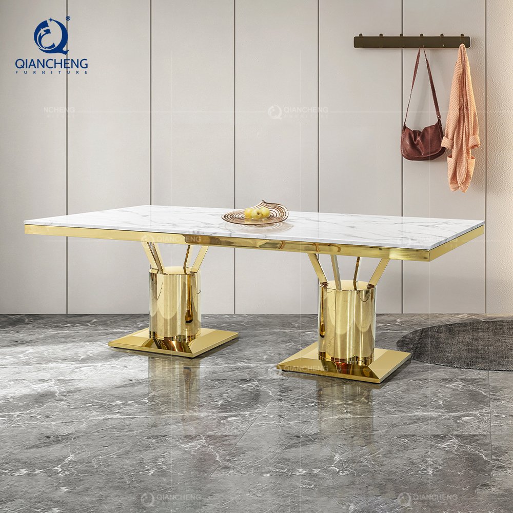 Light luxury marble dining table modern simple home rectangular dining table and chair combination of small stainless steel