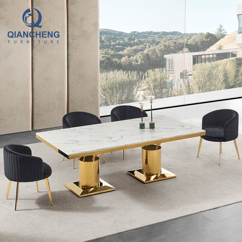 Light luxury marble dining table modern simple home rectangular dining table and chair combination of small stainless steel