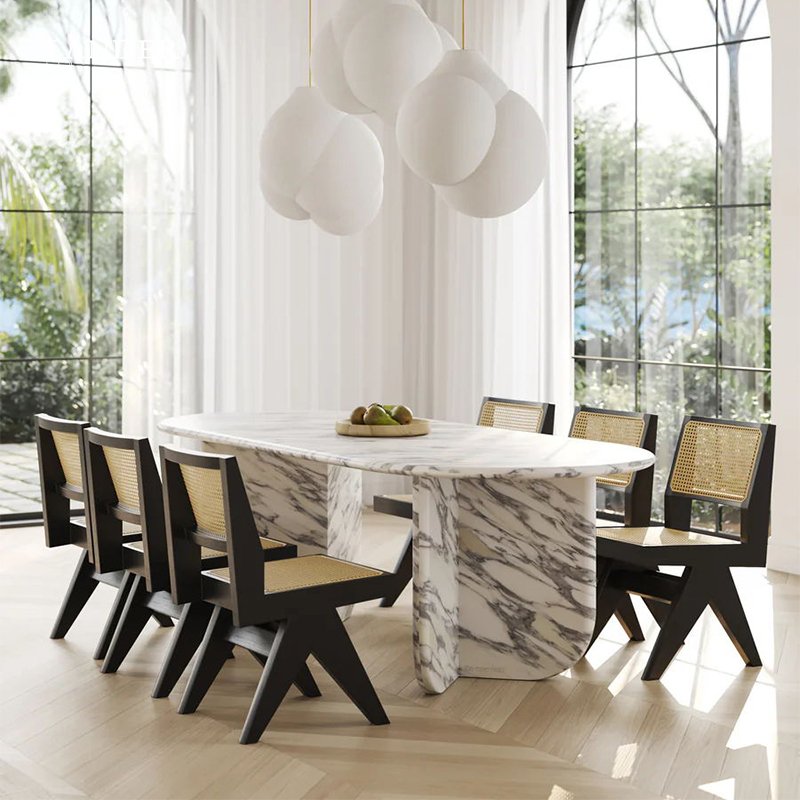 Luxury Arabescato Corchia White Marble Dining Table Oval Design with Polished Finish Natural Stone Furniture for Hotel Kitchen