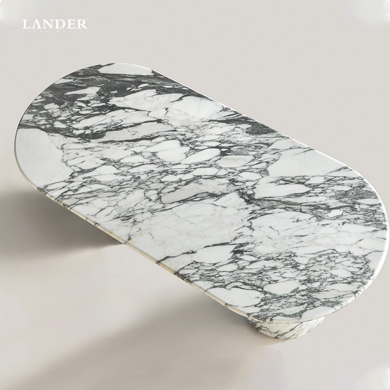 Luxury Arabescato Corchia White Marble Dining Table Oval Design with Polished Finish Natural Stone Furniture for Hotel Kitchen