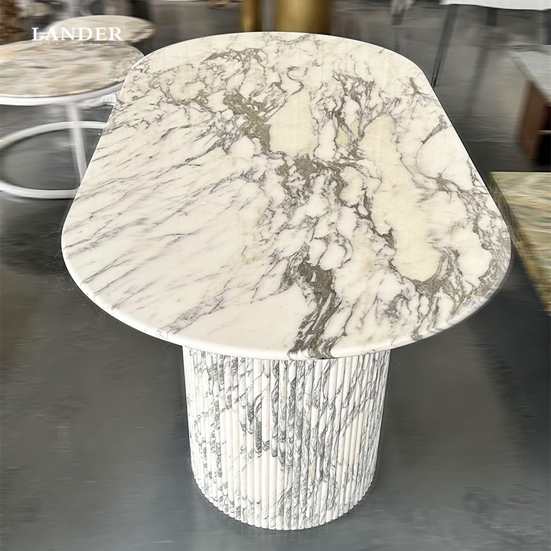 Luxury Arabescato Corchia White Marble Dining Table Oval Design with Polished Finish Natural Stone Furniture for Hotel Kitchen