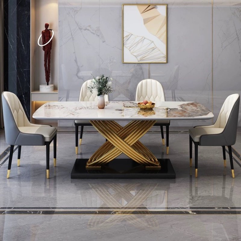 Light Luxury Slabs Dinning Table Set For 6 Household Stainless Steel Gold Base Kitchen Rectangular Restaurant Hotel Dining Table