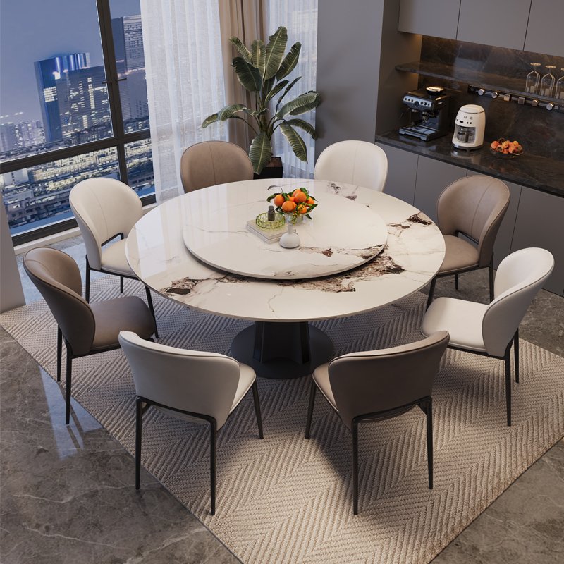 Italian light luxury round dining table set with turntable, high-end hotel kitchen furniture