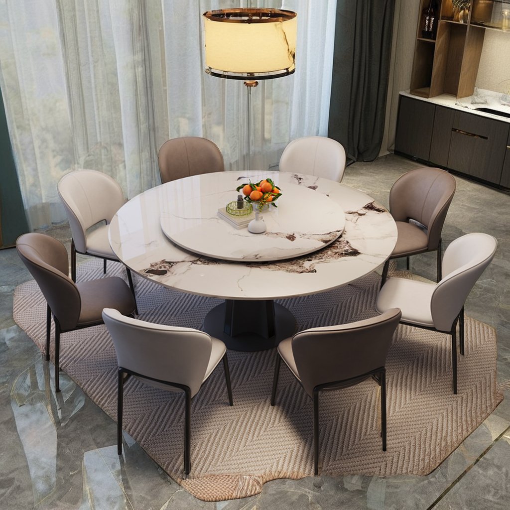 Italian light luxury round dining table set with turntable, high-end hotel kitchen furniture