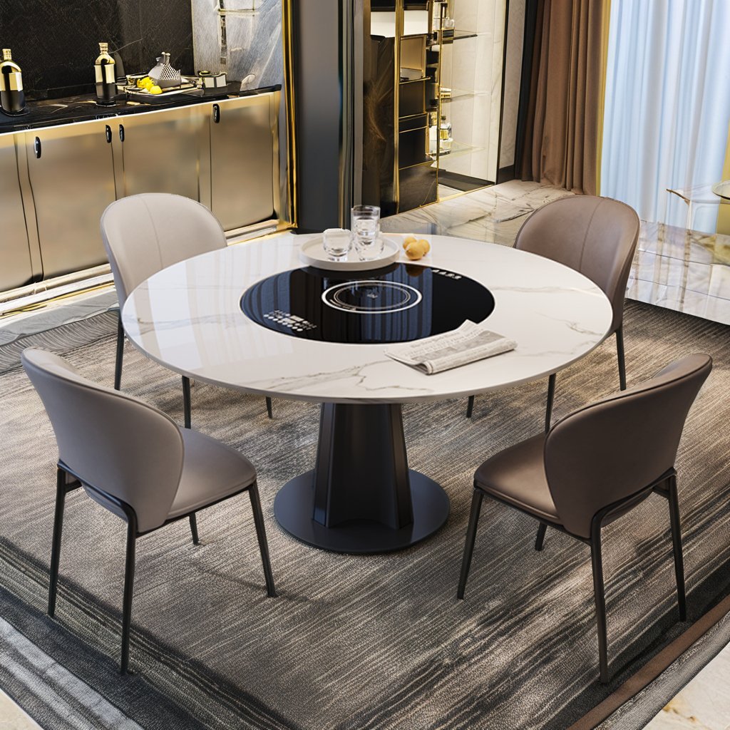 Italian light luxury round dining table set with turntable, high-end hotel kitchen furniture