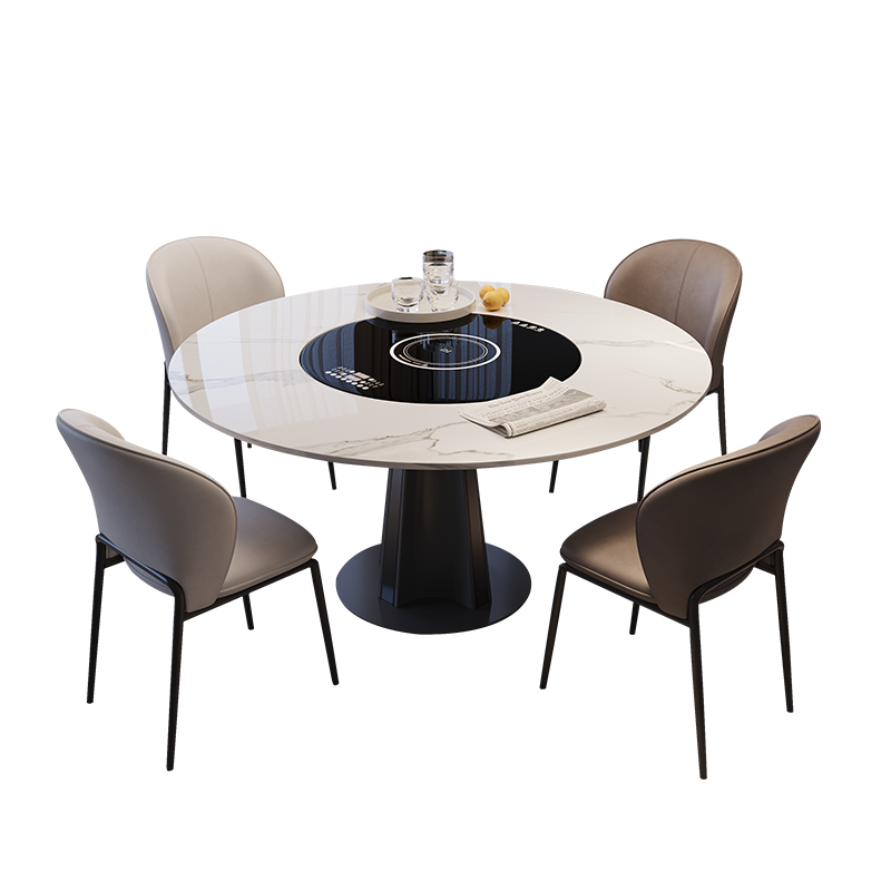 Italian light luxury round dining table set with turntable, high-end hotel kitchen furniture