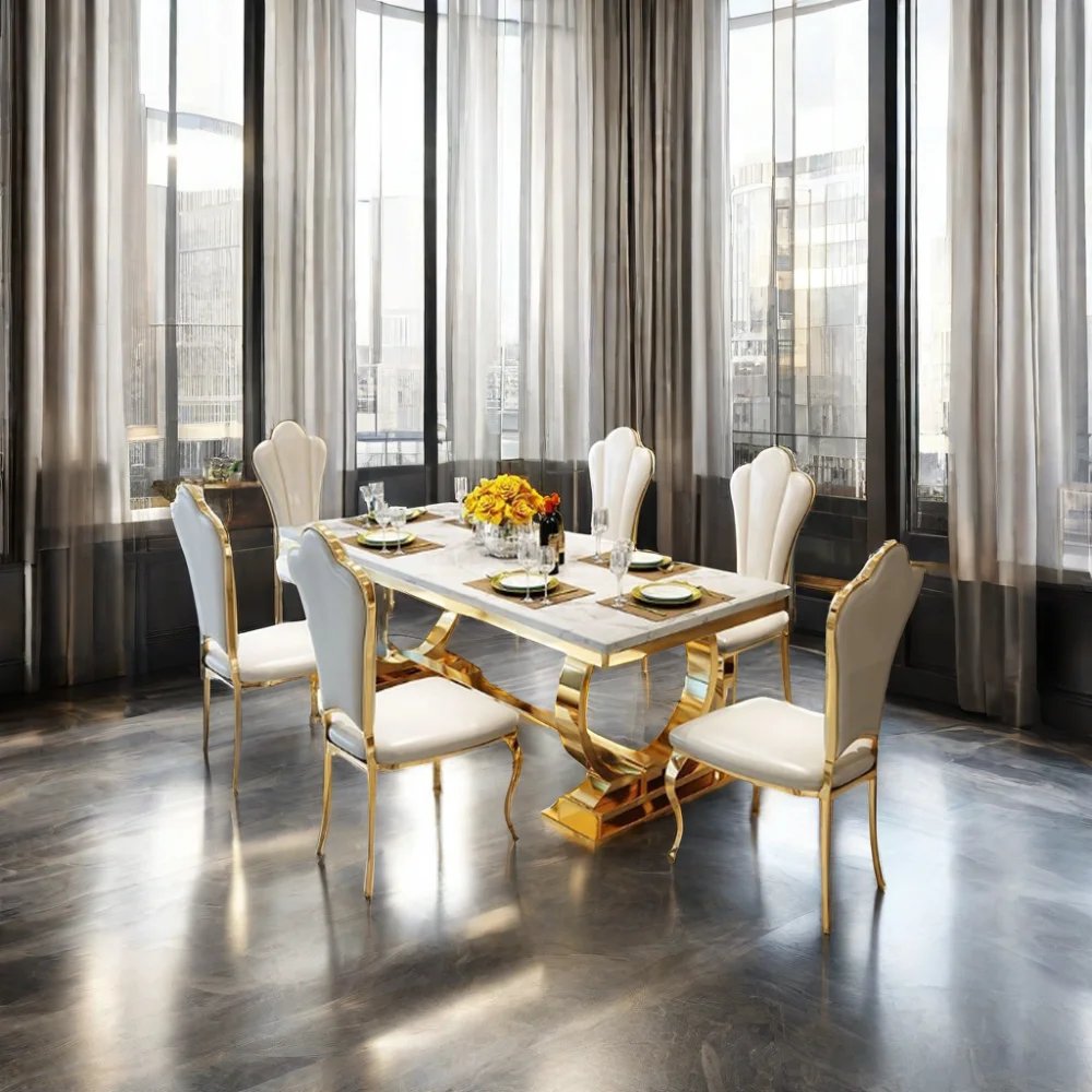Modern Furniture Kitchen Dinning Table And 6 Chair Luxury Restaurant Metal Stainless Steel Dining Room Sets Dining Tables