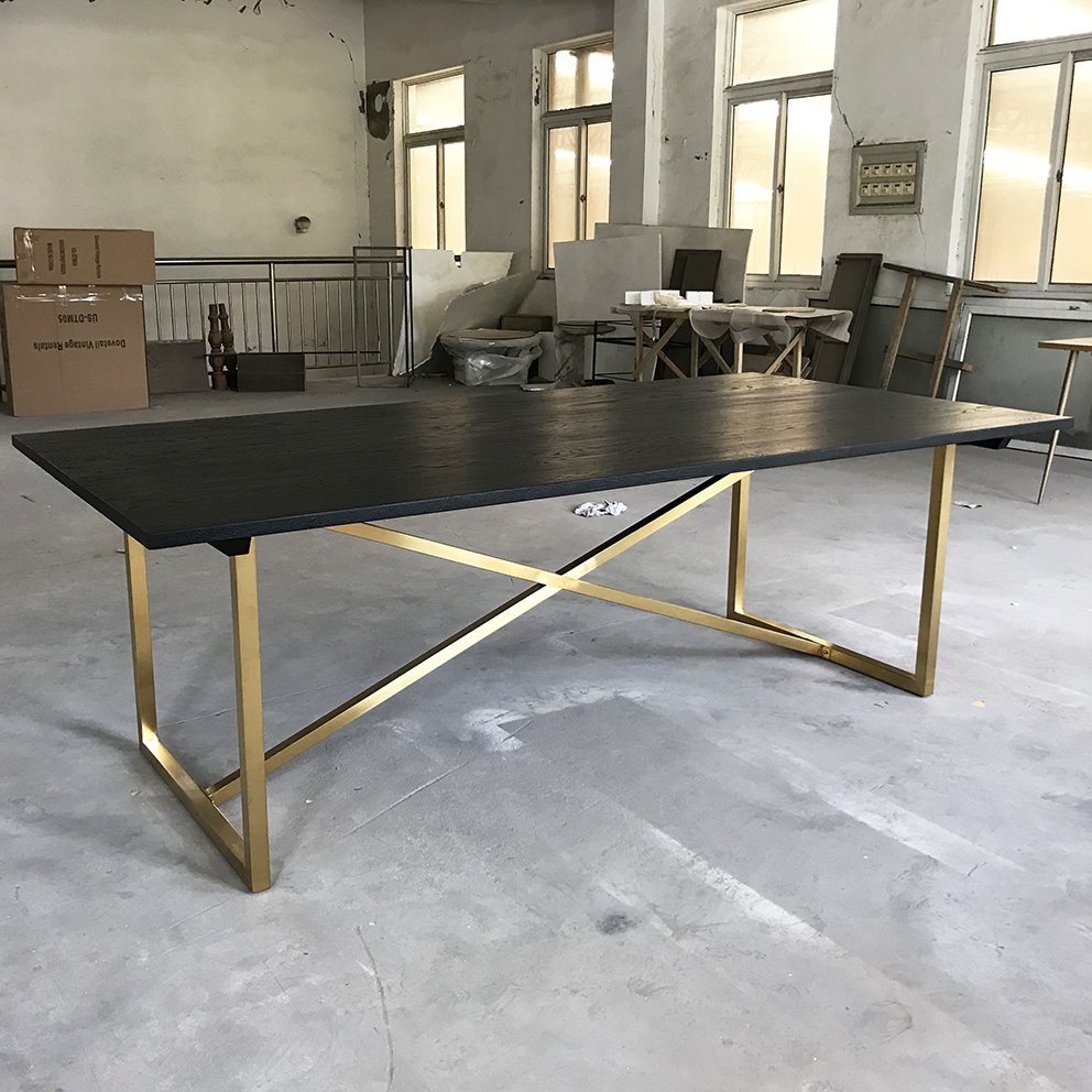 MRS WOODS Modern Oak Wood Farm Kitchen Golden Steel Legs Hotel Events Dining Farmhouse Table