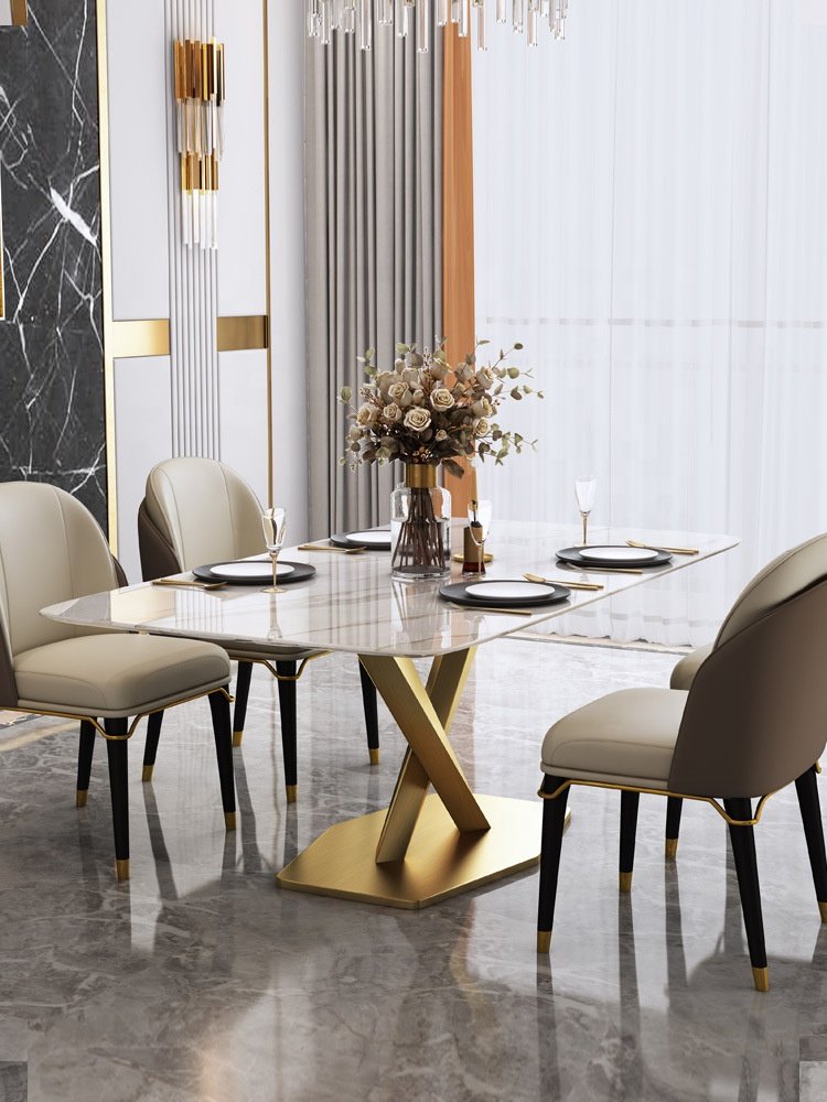 Cheap marble rock slab table home furniture dining table and 6 chair combination with gold metal base
