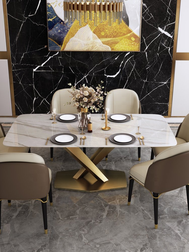 Cheap marble rock slab table home furniture dining table and 6 chair combination with gold metal base