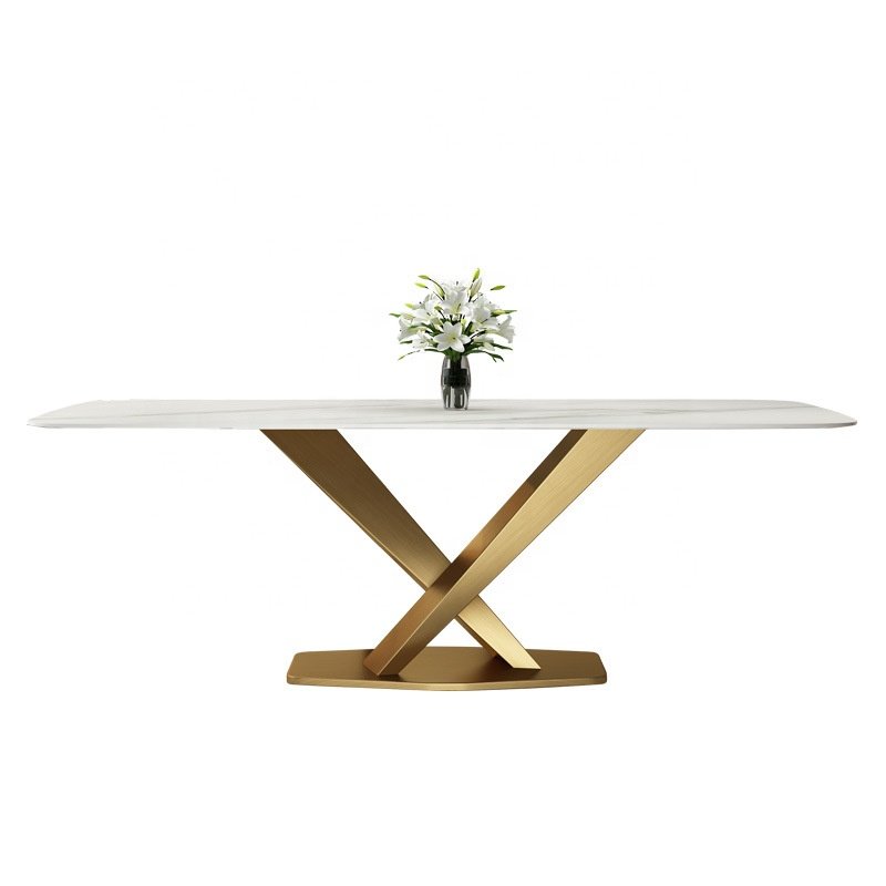Cheap marble rock slab table home furniture dining table and 6 chair combination with gold metal base