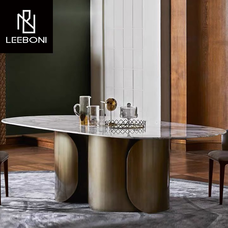 Luxury design brushed stainless steel and artificial marble top dining table and chair 8 seater