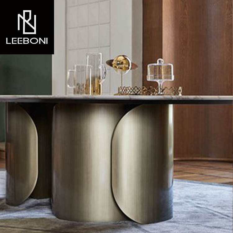 Luxury design brushed stainless steel and artificial marble top dining table and chair 8 seater