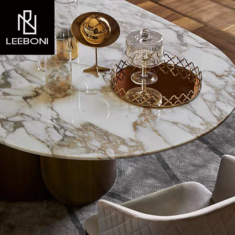Luxury design brushed stainless steel and artificial marble top dining table and chair 8 seater