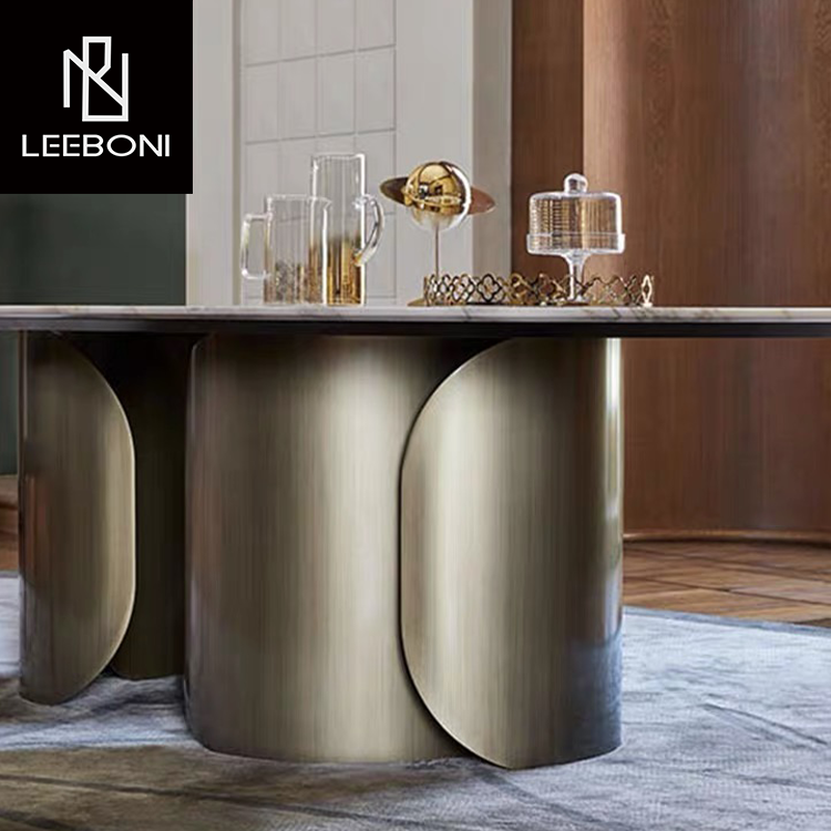Luxury design brushed stainless steel and artificial marble top dining table and chair 8 seater