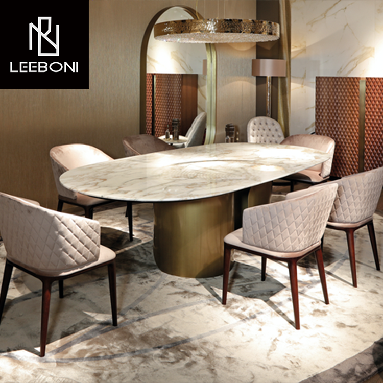 Luxury design brushed stainless steel and artificial marble top dining table and chair 8 seater