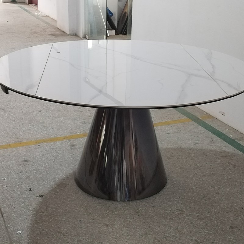 Customized and uniquely designed dining table with modern marble composite rock slab desktop and stainless steel foot base