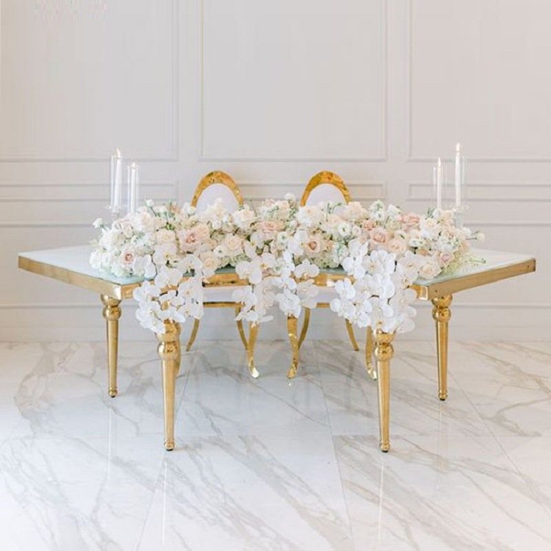 Event furniture stainless steel gold metal legs half moon mdf dinning table
