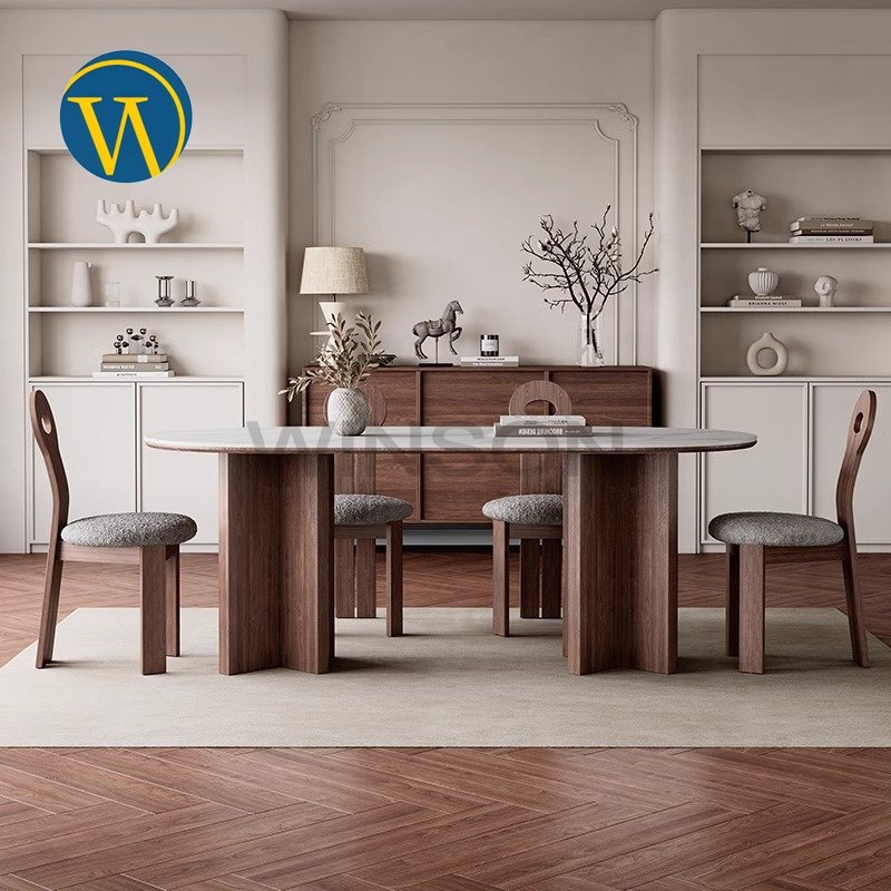 Modern high-end solid wood base rock board dining table for dining room