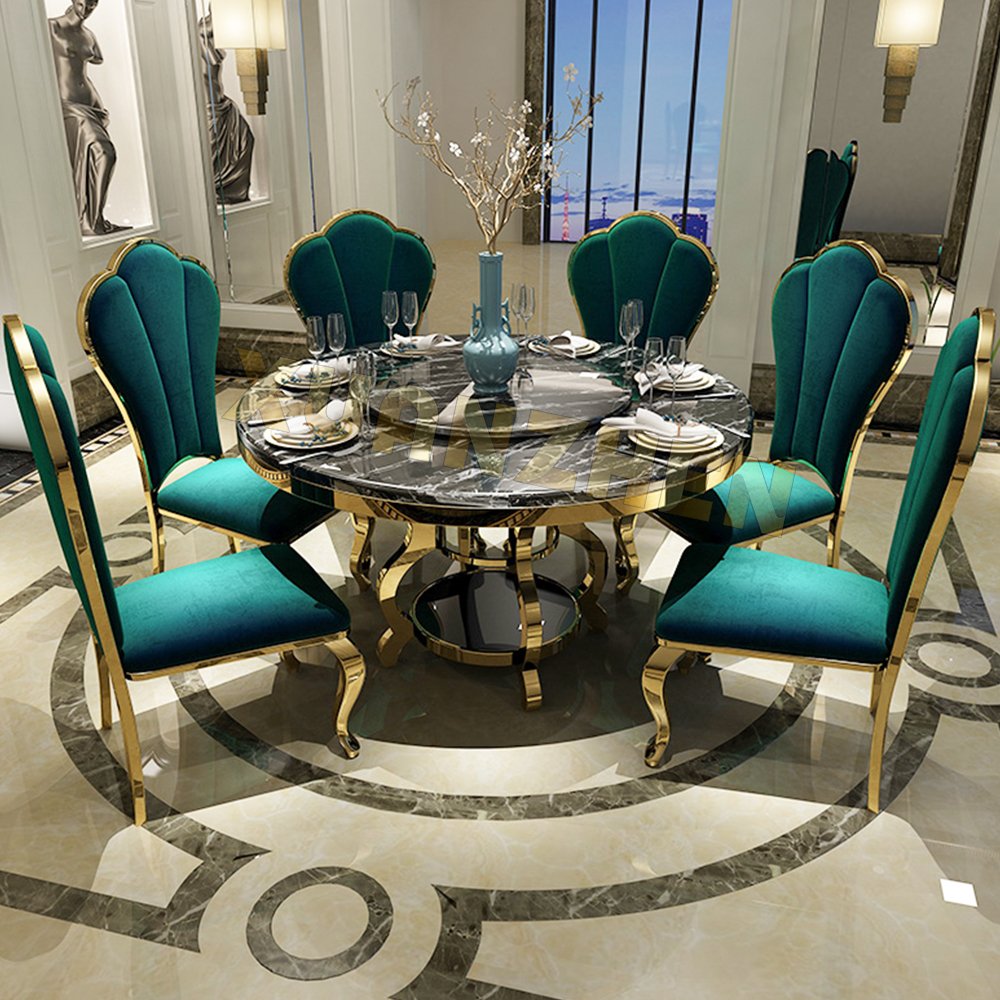 Home furniture 6 seater modern round marble dining table golden stainless steel dining table set dining tables for sale