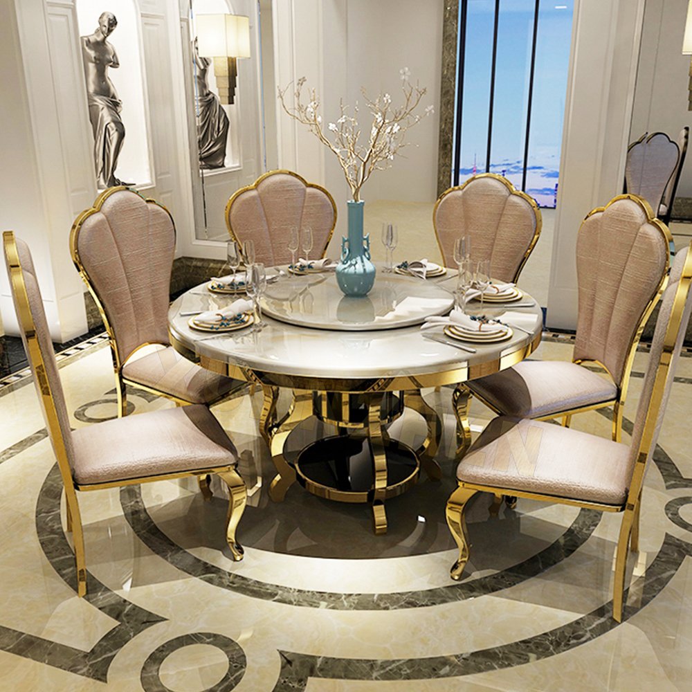 Home furniture 6 seater modern round marble dining table golden stainless steel dining table set dining tables for sale