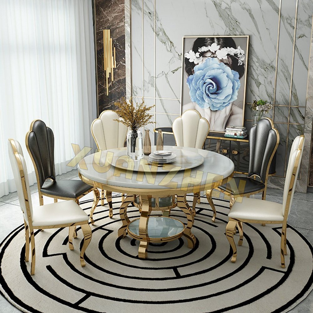 Home furniture 6 seater modern round marble dining table golden stainless steel dining table set dining tables for sale