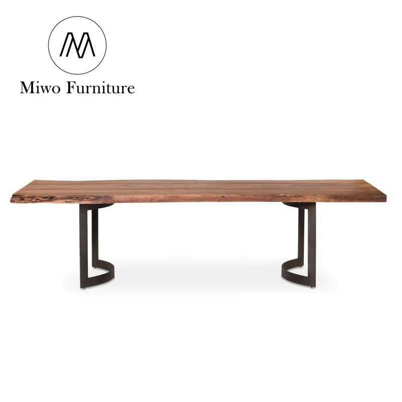 Industrial Design Curved Solid Mango Wood Dining Table With Iron Legs Solid Ruff Natural Finish Wood Customized Dining Table
