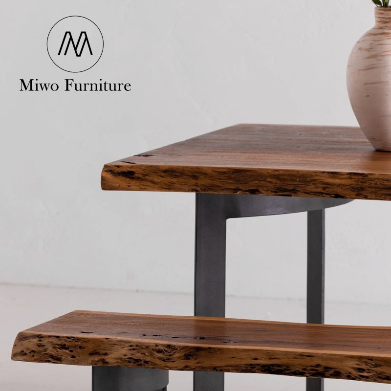 Industrial Design Curved Solid Mango Wood Dining Table With Iron Legs Solid Ruff Natural Finish Wood Customized Dining Table