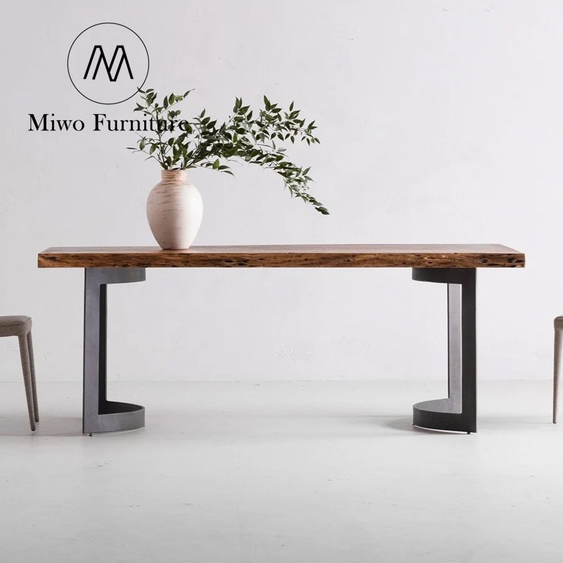 Industrial Design Curved Solid Mango Wood Dining Table With Iron Legs Solid Ruff Natural Finish Wood Customized Dining Table