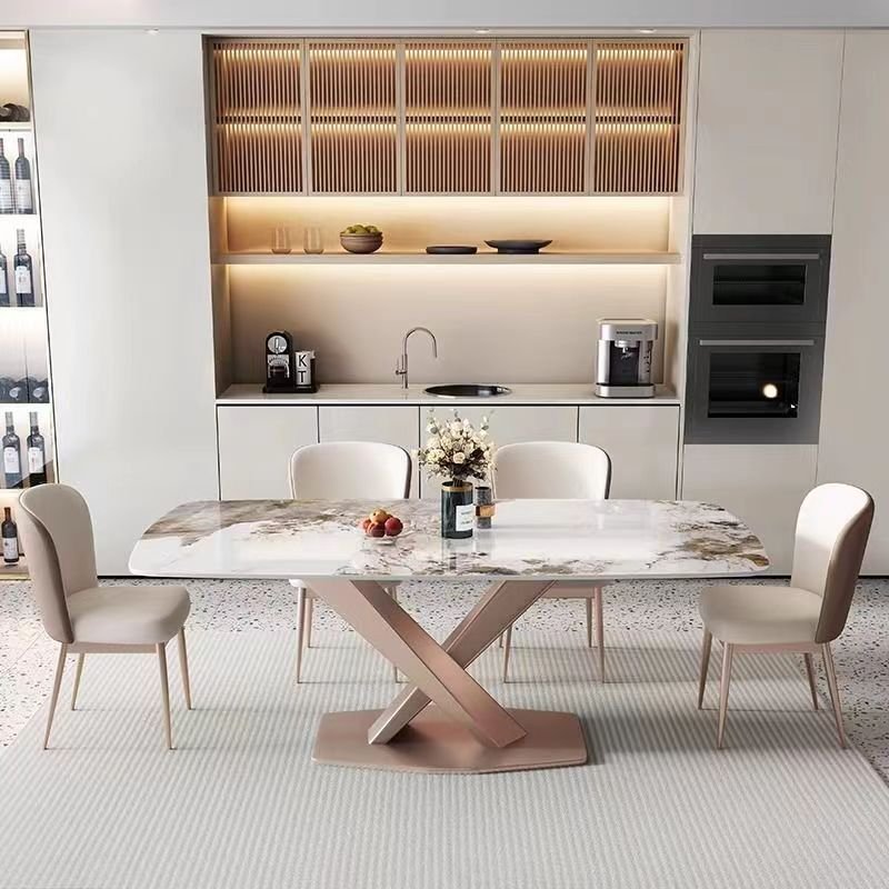 European Luxury Sintered Stone Table Top Modern Design Furniture Stainless Steel Legs Dining Room Sets of 4/6 Dining Chairs