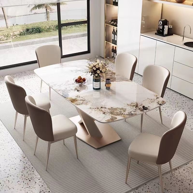 European Luxury Sintered Stone Table Top Modern Design Furniture Stainless Steel Legs Dining Room Sets of 4/6 Dining Chairs