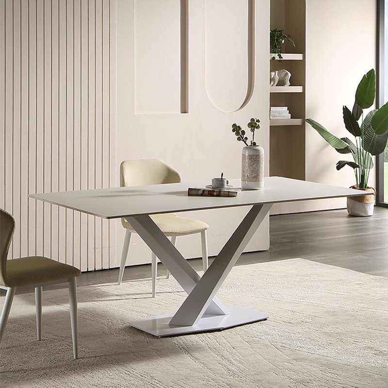 Slate Tabletop Rectangular Shaped Pedestal Base Sintered Marble Stone Durable Dining Room Table with Sculptural Stainless Steel