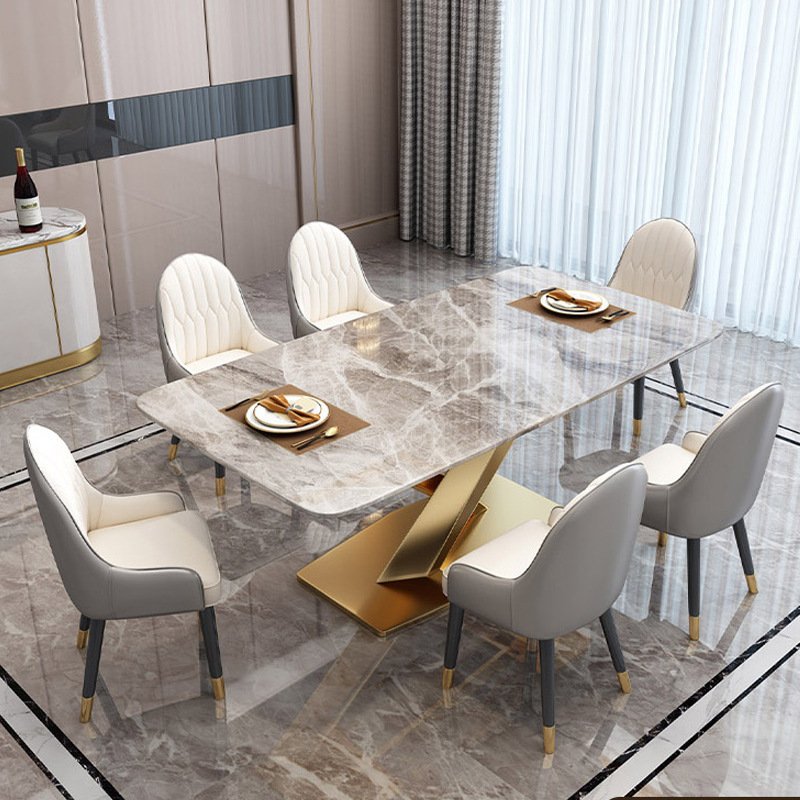 Slate Tabletop Rectangular Shaped Pedestal Base Sintered Marble Stone Durable Dining Room Table with Sculptural Stainless Steel