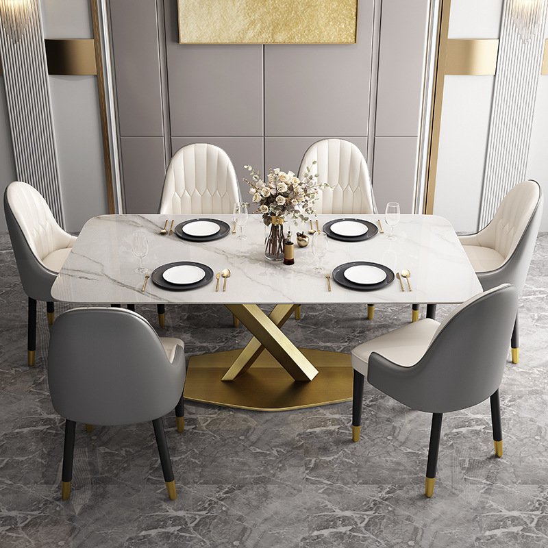 Slate Tabletop Rectangular Shaped Pedestal Base Sintered Marble Stone Durable Dining Room Table with Sculptural Stainless Steel