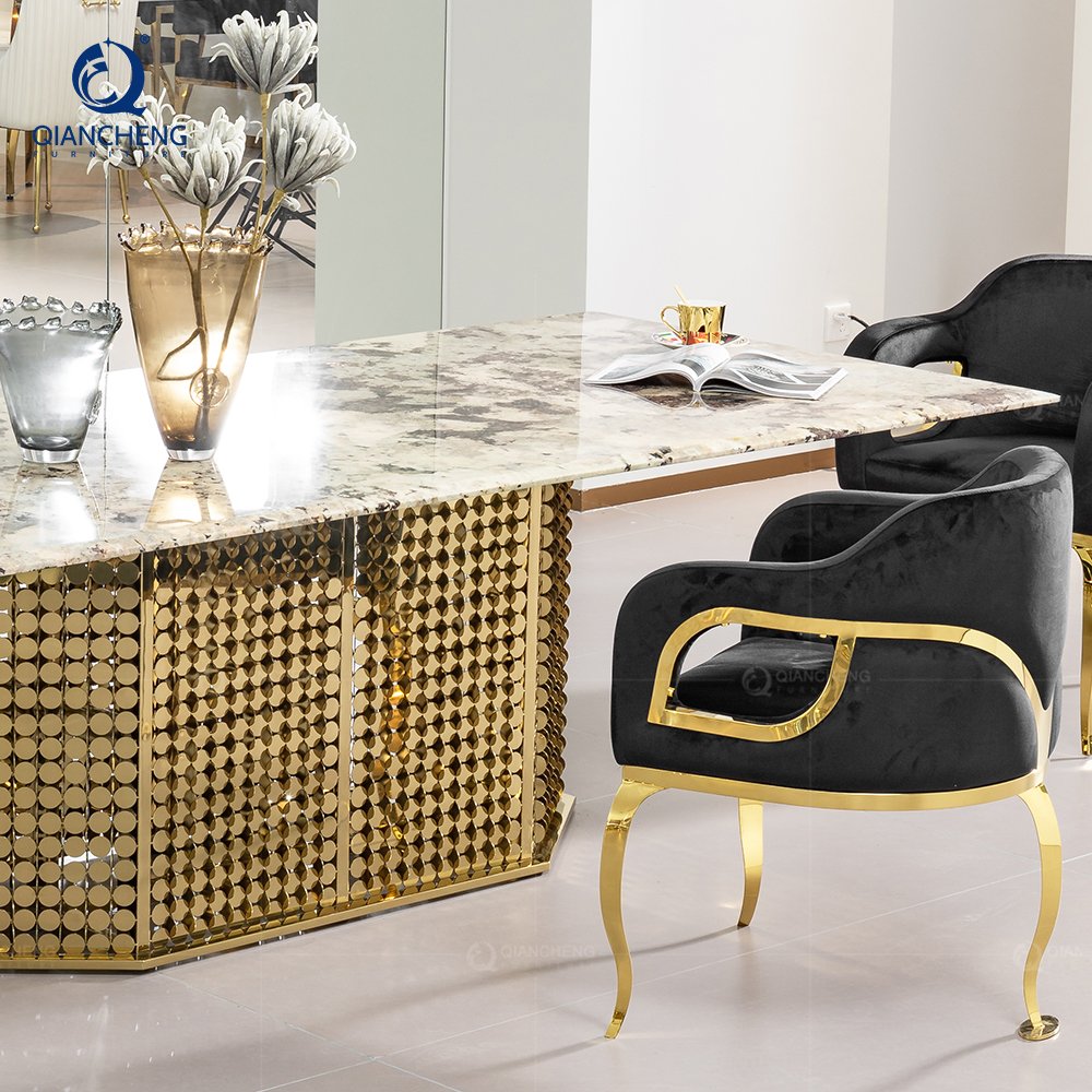 iron frame gold legs metal steel dinning table set 4 chair royal luxury italian dining table gold furniture