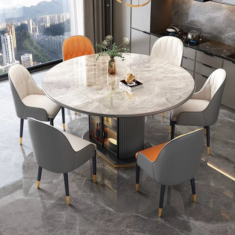 Luxury modern extendable foldable round marble wooden dining table chair set, 4, 6, 8 seaters,multifunctional furniture designs