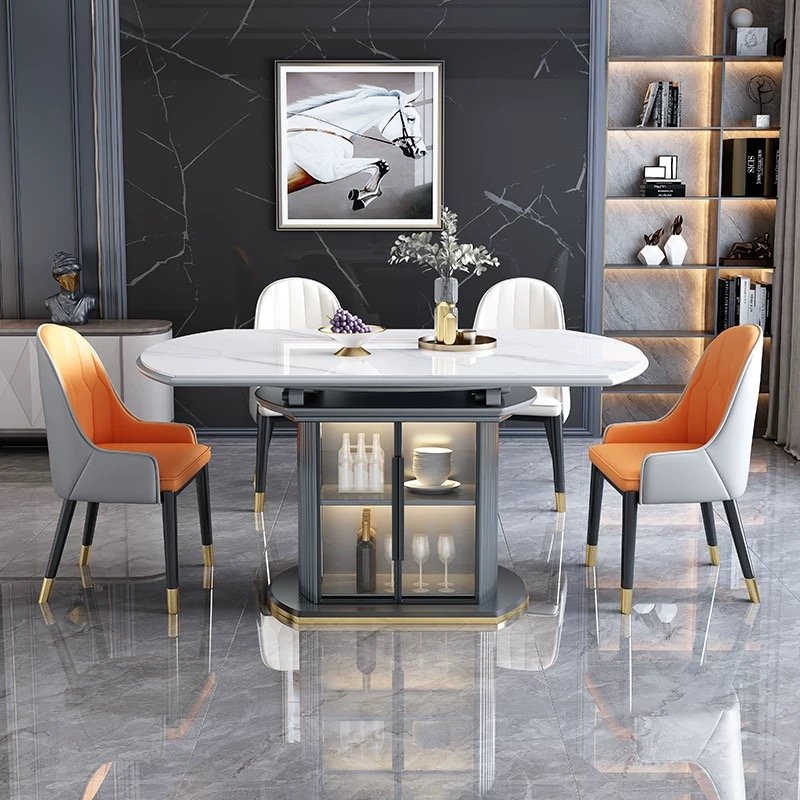 Luxury modern extendable foldable round marble wooden dining table chair set, 4, 6, 8 seaters,multifunctional furniture designs