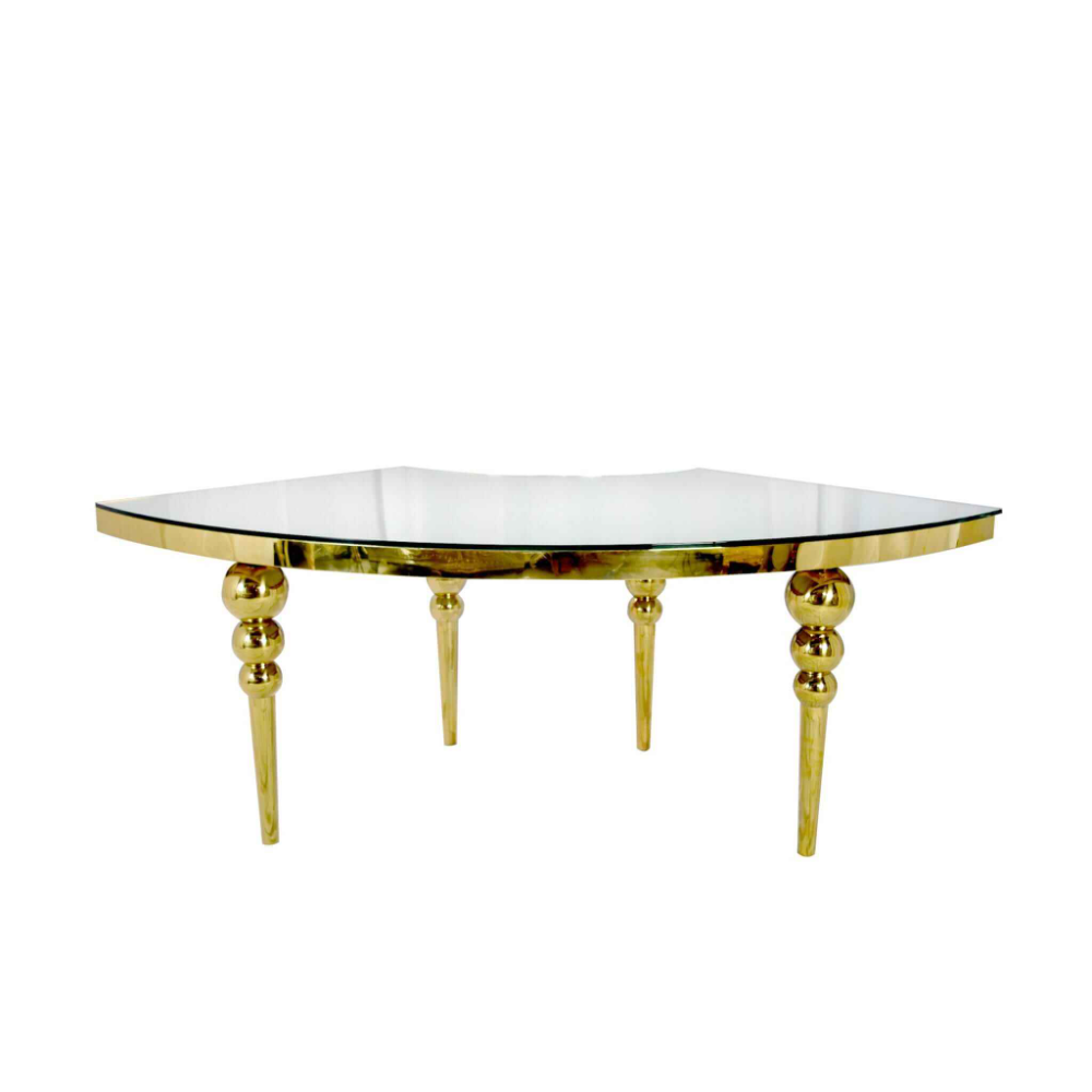 luxurious S-shaped glass top table with gold legs is perfect for elegant and stylish wedding events