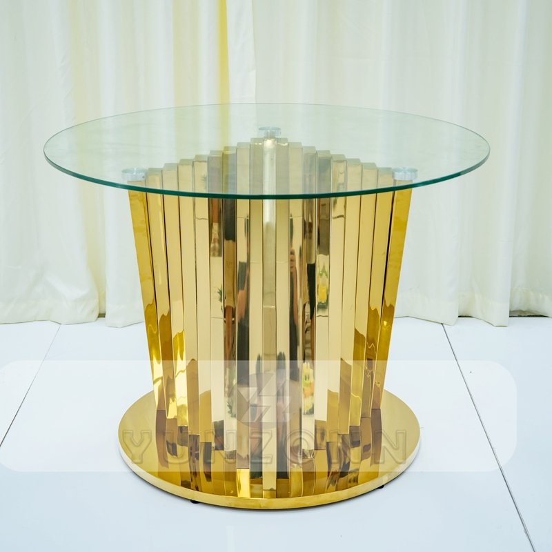 White Glass Wedding Display Cake Table with round Gold Nest Base Stainless Steel for Hotel Furniture