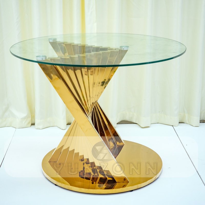 White Glass Wedding Display Cake Table with round Gold Nest Base Stainless Steel for Hotel Furniture